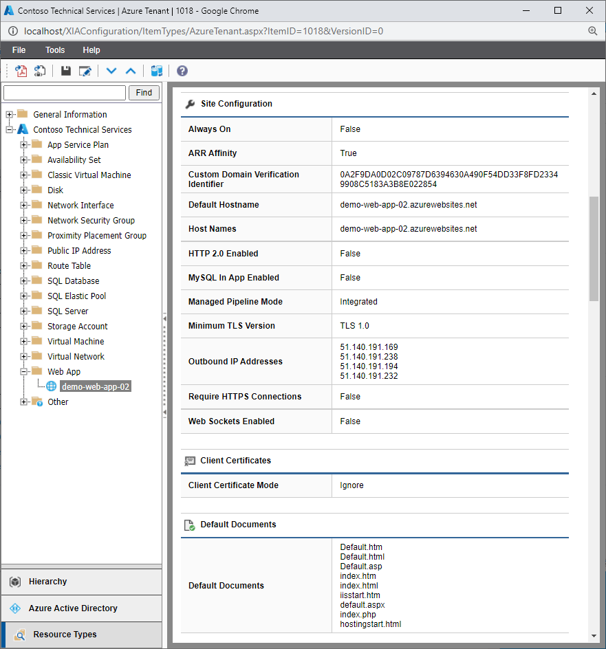 Screenshot of Azure web app site configuration in the XIA Configuration web interface