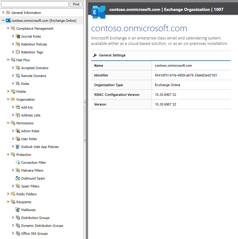 Screenshot of the Exchange Online Organization summary in the XIA Configuration web interface