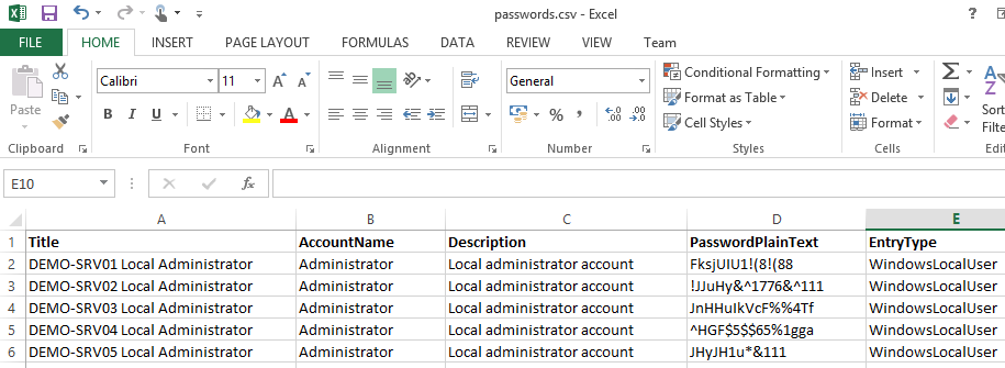 Screenshot of a CSV file containing passwords to be imported into XIA Configuration