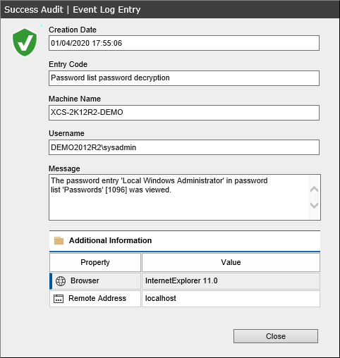 Screenshot of password audit entry in the XIA Configuration web interface