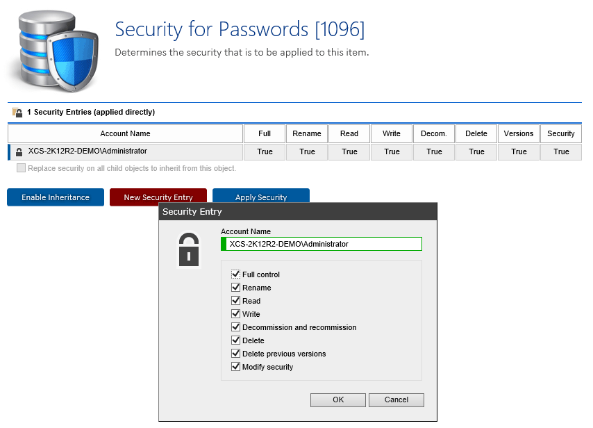 Screenshot of password item security in the XIA Configuration web interface