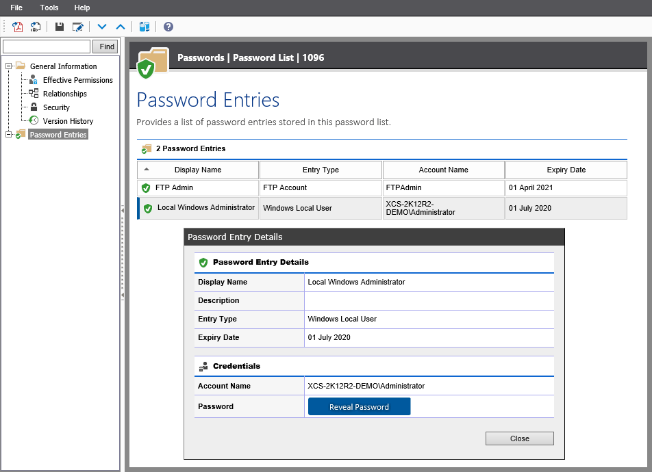 Screenshot of password entry details in the XIA Configuration web interface