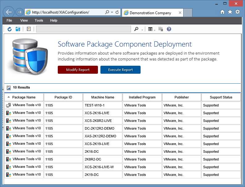 Screenshot showing the software package component deployment report