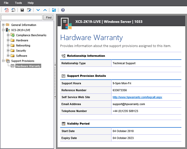Screenshot of a support provision assigned to a Windows server