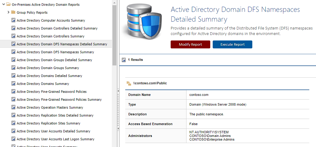 A screenshot showing the DFS namespaces report in the XIA Configuration web interface