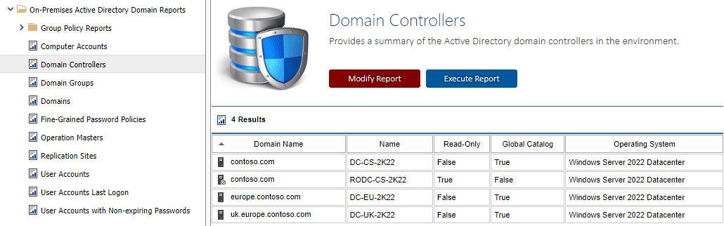 A screenshot showing the Active Directory Domain Controllers report in the XIA Configuration web interface