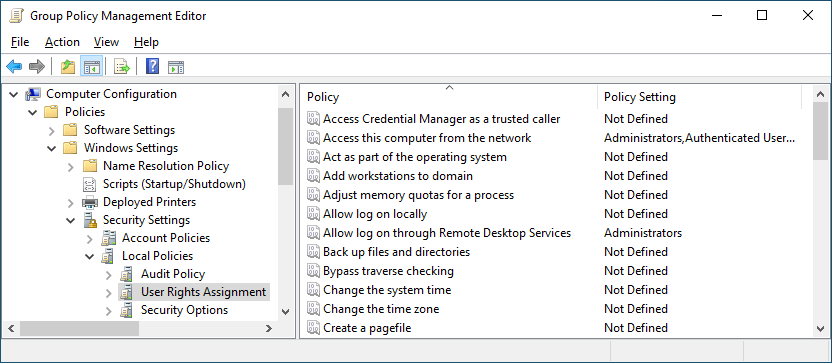 Group Policy Management Console showing User Rights Assignment