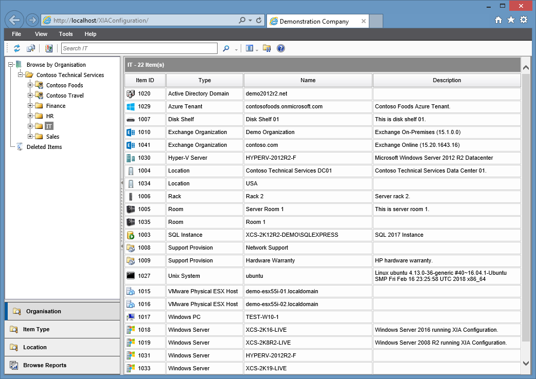 Screenshot showing inventory information in the XIA Configuration web interface