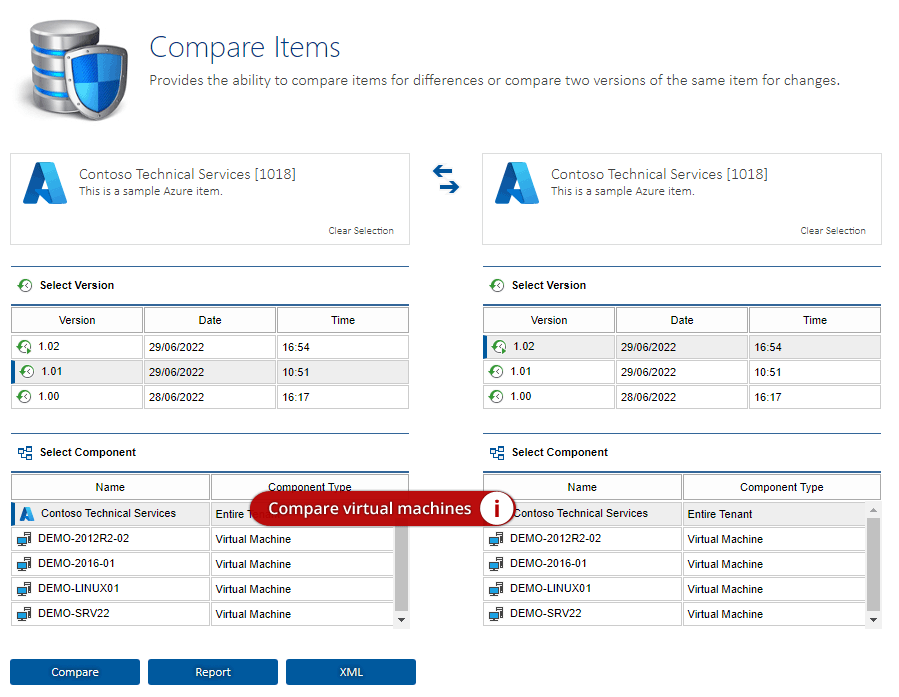 Screenshot showing the comparison of the latest version of an Azure tenant with the previous version