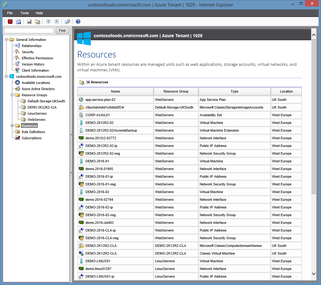 Screenshot of Azure resources in the XIA Configuration web interface
