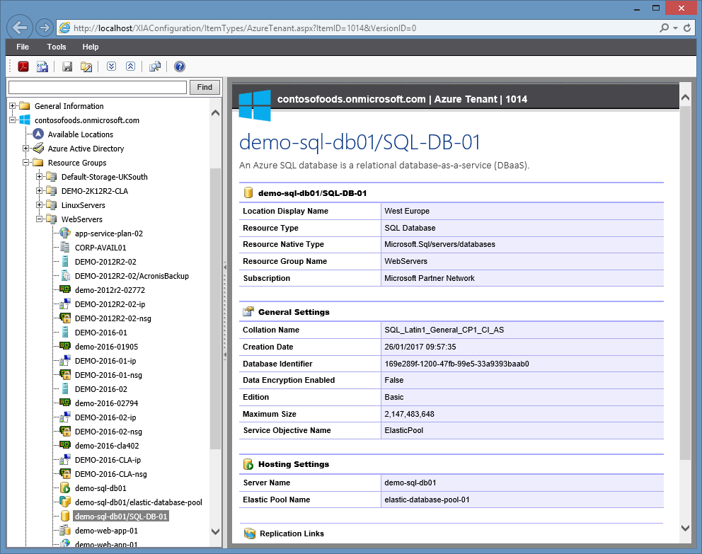 Screenshot of a Microsoft Azure SQL database in the XIA Configuration web interface