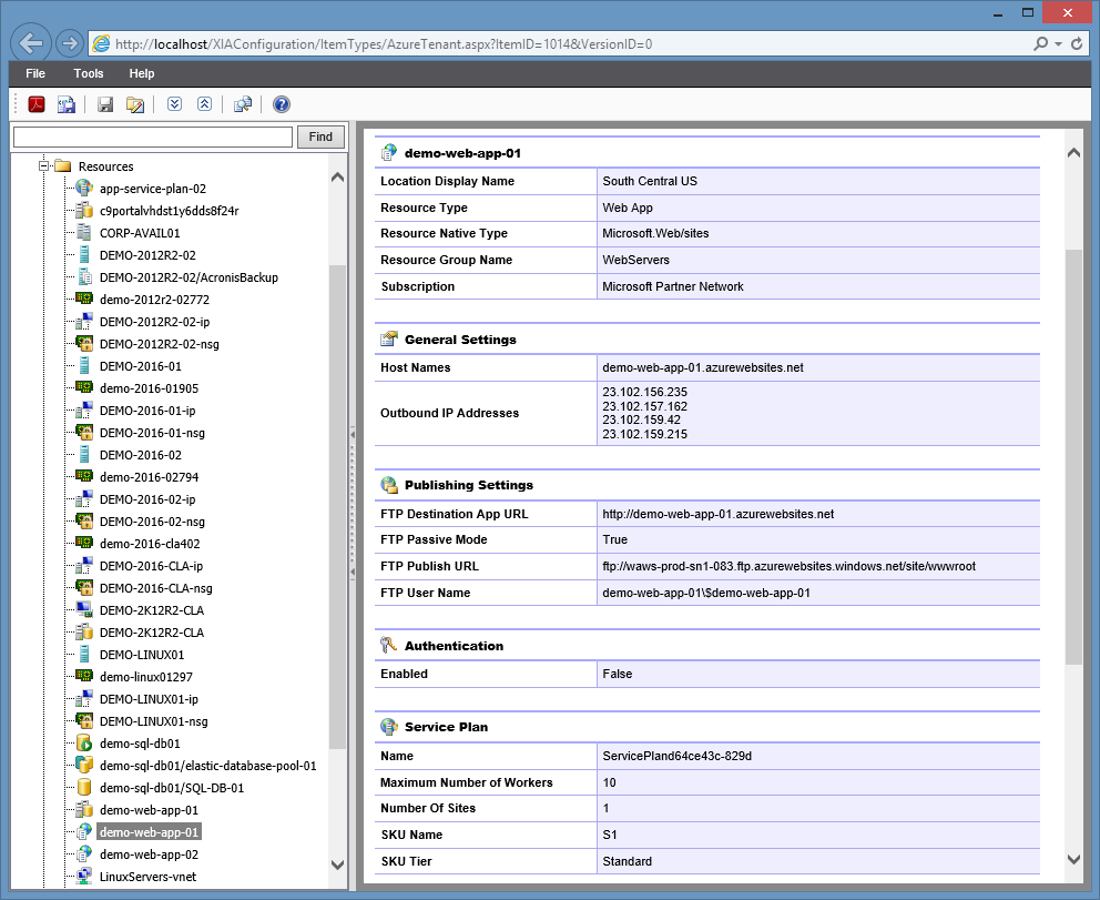Screenshot of a Microsoft Azure web app in the XIA Configuration web interface