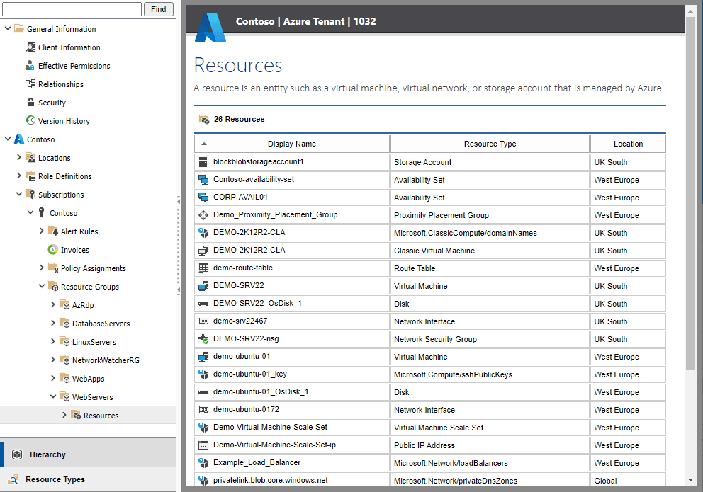 Screenshot of Azure resources in the XIA Configuration web interface