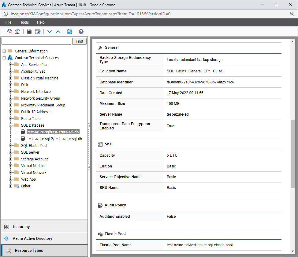 Screenshot of Azure SQL database settings in the XIA Configuration web interface