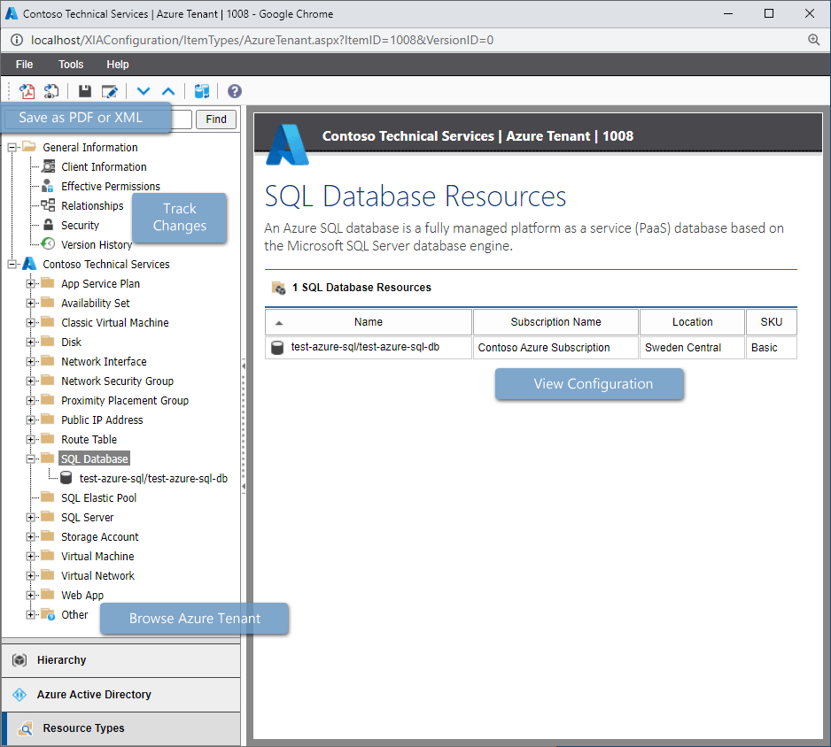 Screenshot of Azure SQL databases in the XIA Configuration web interface