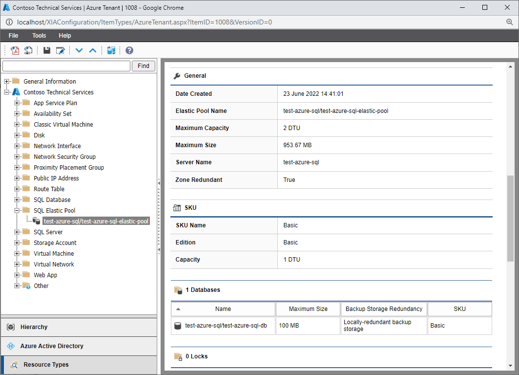 Screenshot of Azure SQL elastic pool settings in the XIA Configuration web interface