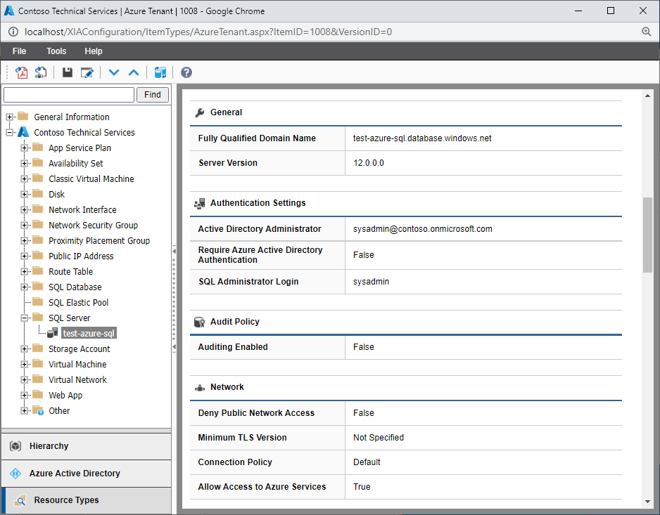 Screenshot of Azure SQL server settings in the XIA Configuration web interface