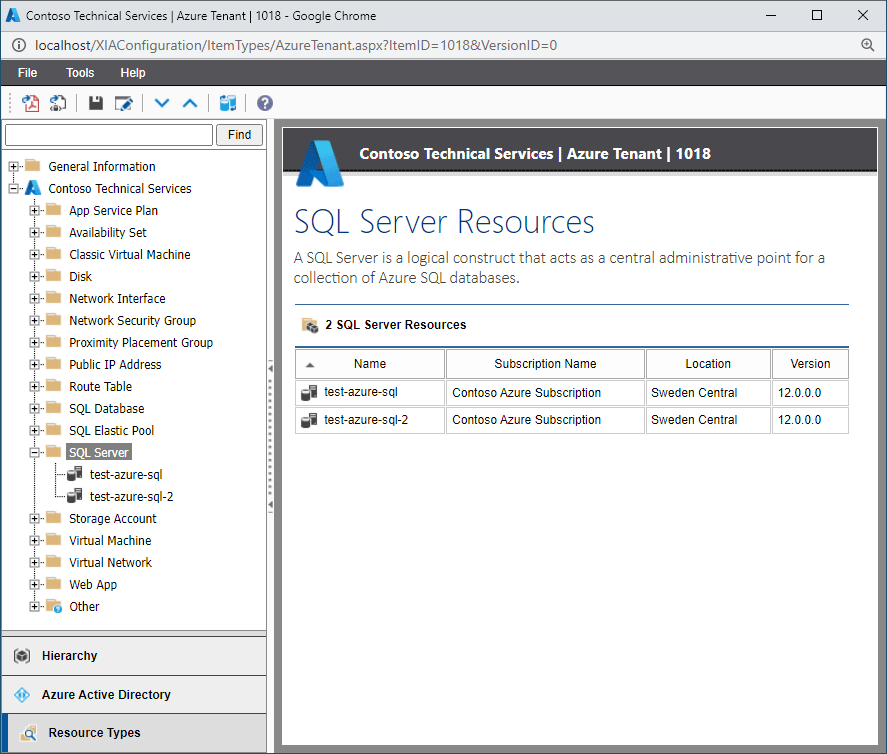 Screenshot of Azure SQL servers in the XIA Configuration web interface