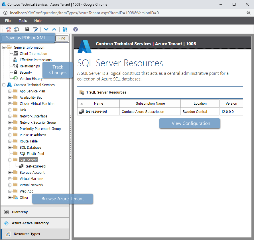 Screenshot of Azure SQL servers in the XIA Configuration web interface