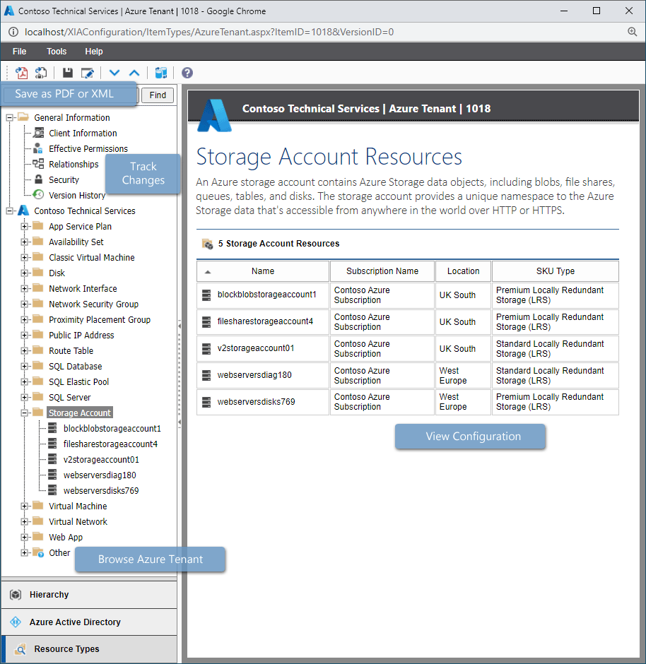 Screenshot of Azure storage accounts in the XIA Configuration web interface