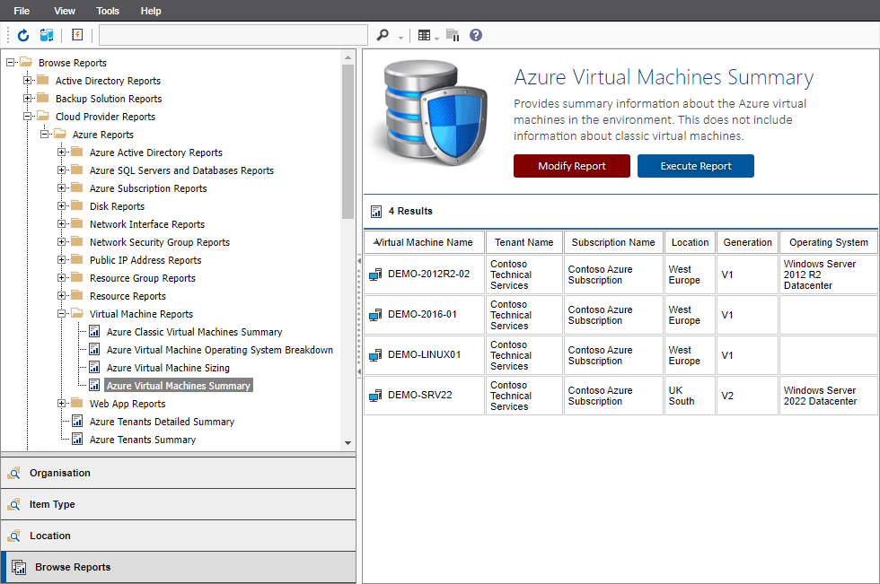 Screenshot of the Azure virtual machines summary report output in the XIA Configuration web interface