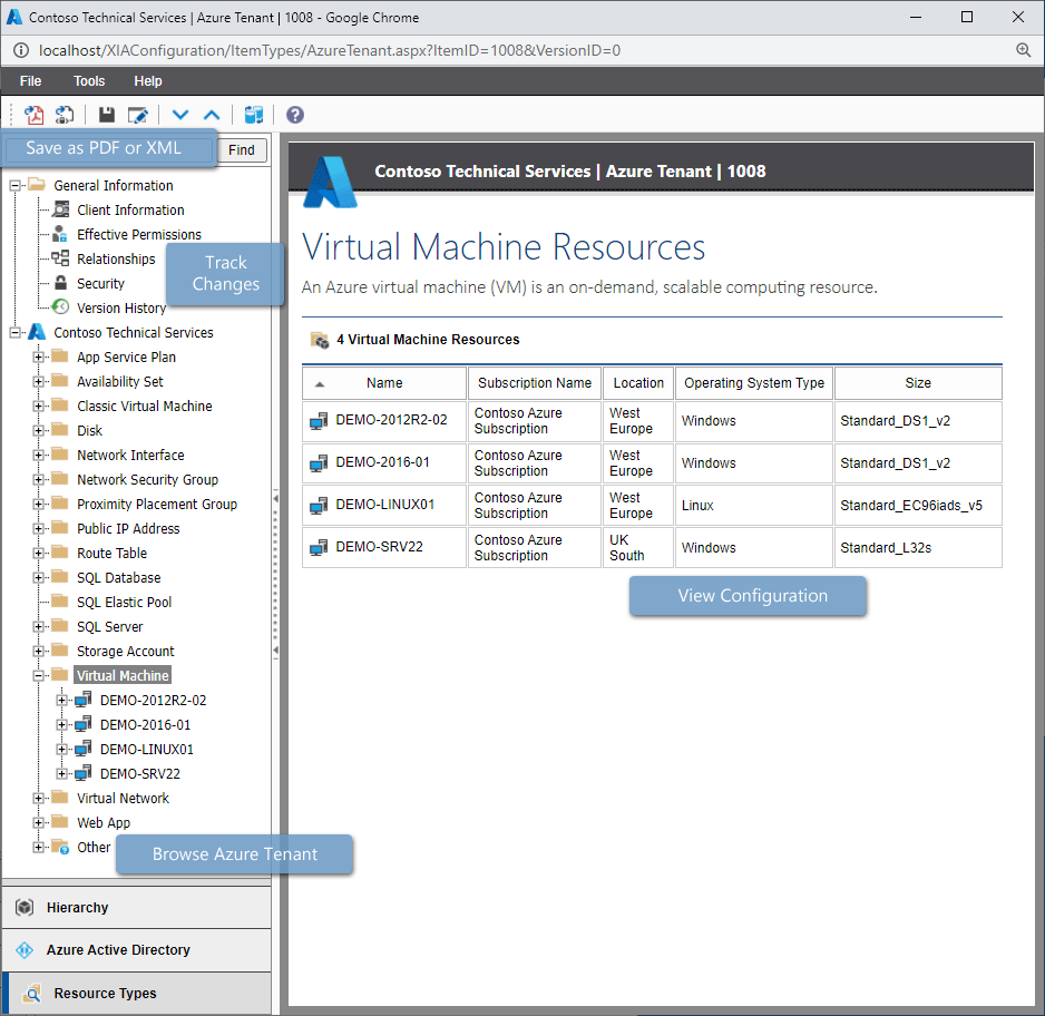 Screenshot of Azure virtual machines in the XIA Configuration web interface