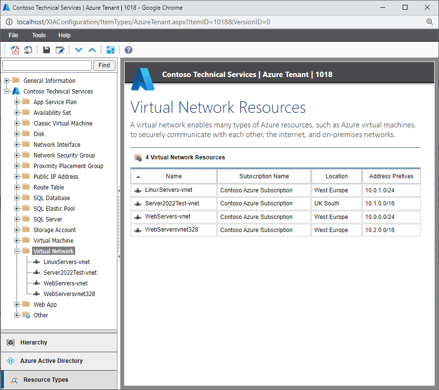 Screenshot of Azure virtual networks in the XIA Configuration web interface