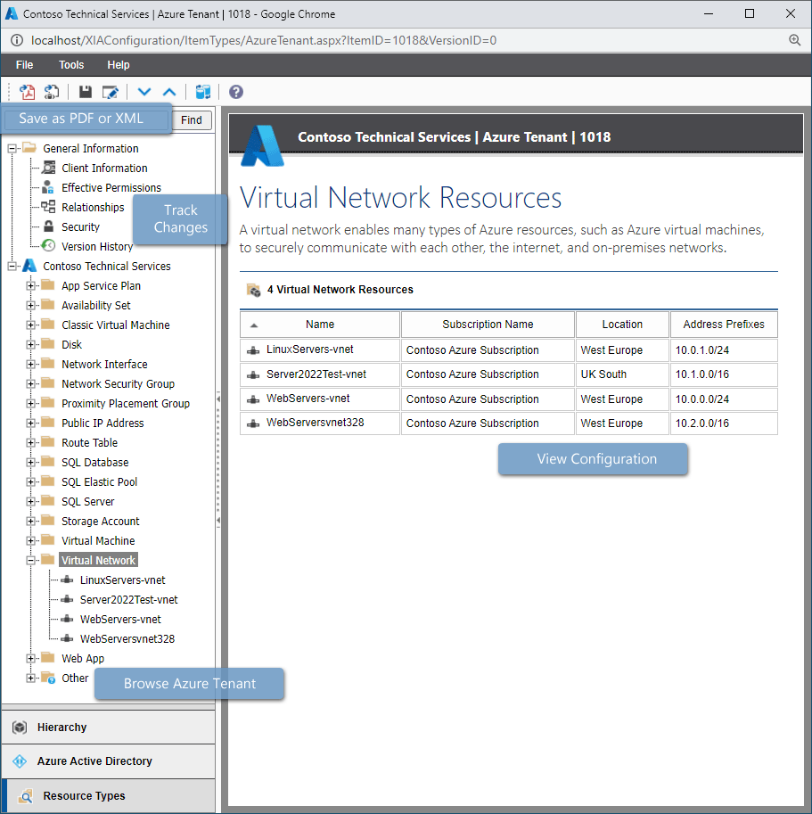 Screenshot of Azure virtual networks in the XIA Configuration web interface