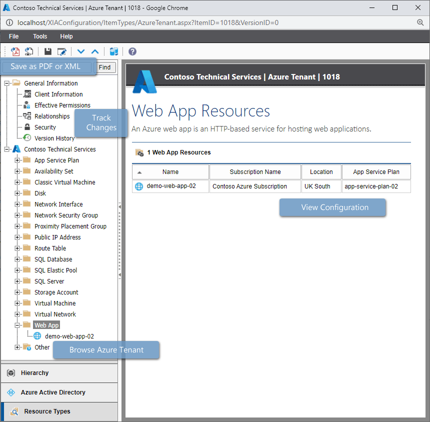 Screenshot of Azure web apps in the XIA Configuration web interface