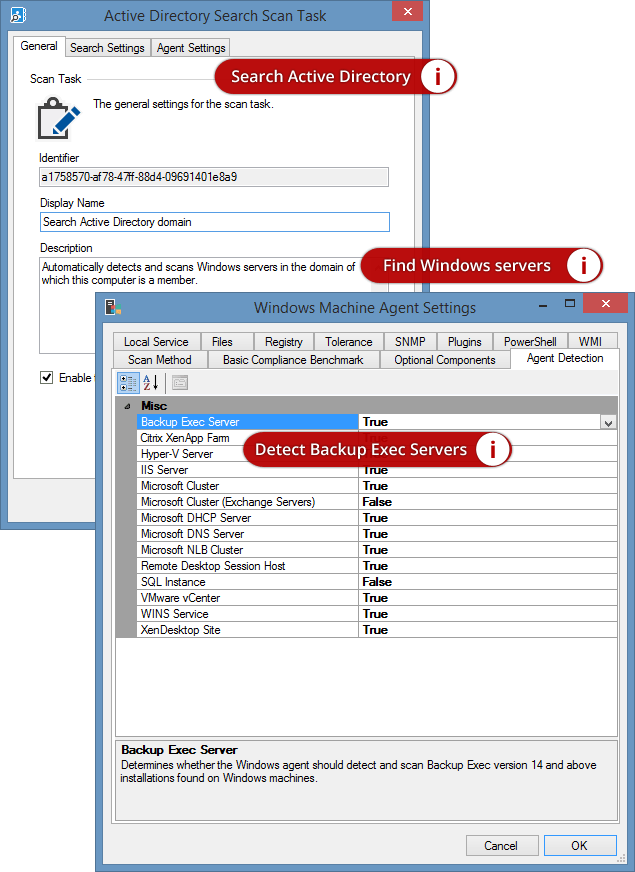 Screenshot of Active Directory search and detection settings in the XIA Configuration Client