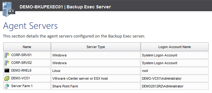 Screenshot of Backup Exec agent servers in the XIA Configuration web interface