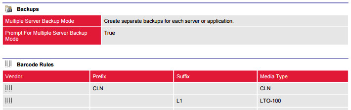 Screenshot of Backup Exec backup settings and barcode rules in a document generated by XIA Configuration