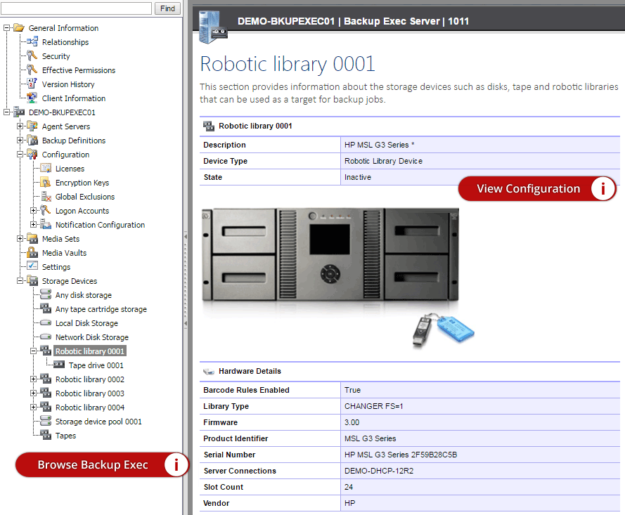 Screenshot of Backup Exec storage device information in the XIA Configuration web interface
