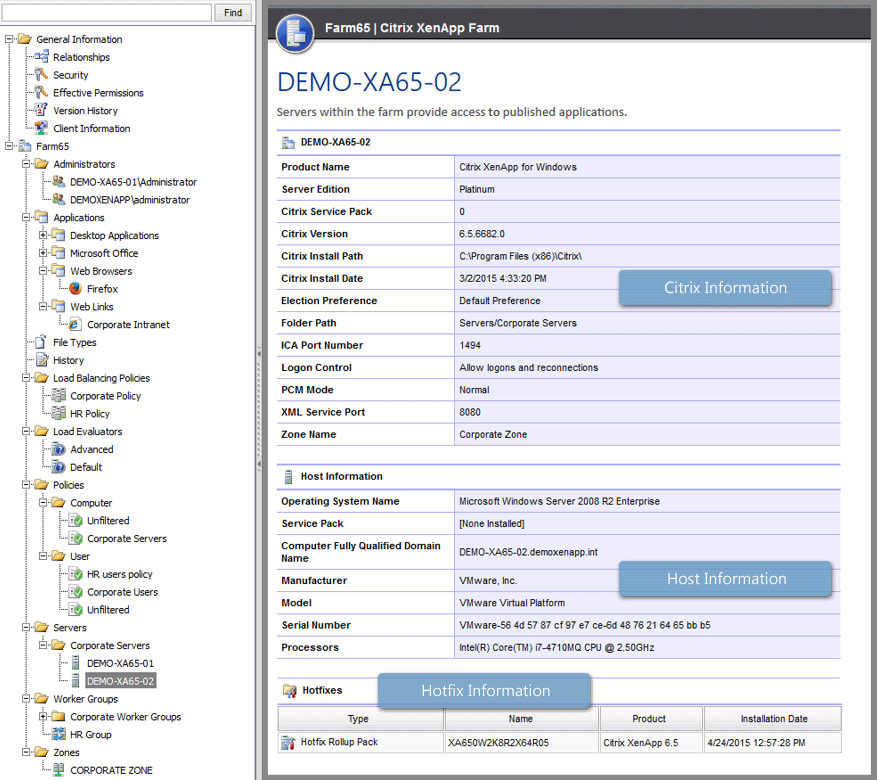 Screenshot showing information about servers within the Citrix farm in the XIA Configuration web interface