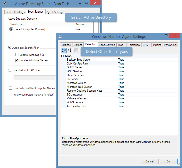 Screenshot of Active Directory search and detection settings in the XIA Configuration Client