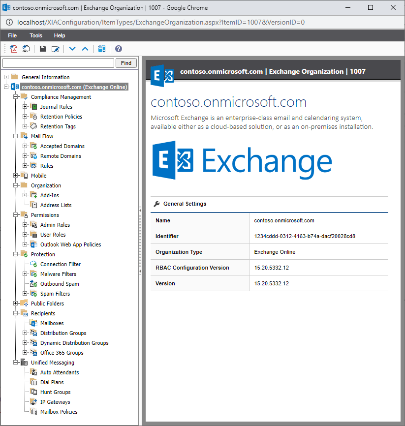 Screenshot of the Exchange Online summary in the XIA Configuration web interface