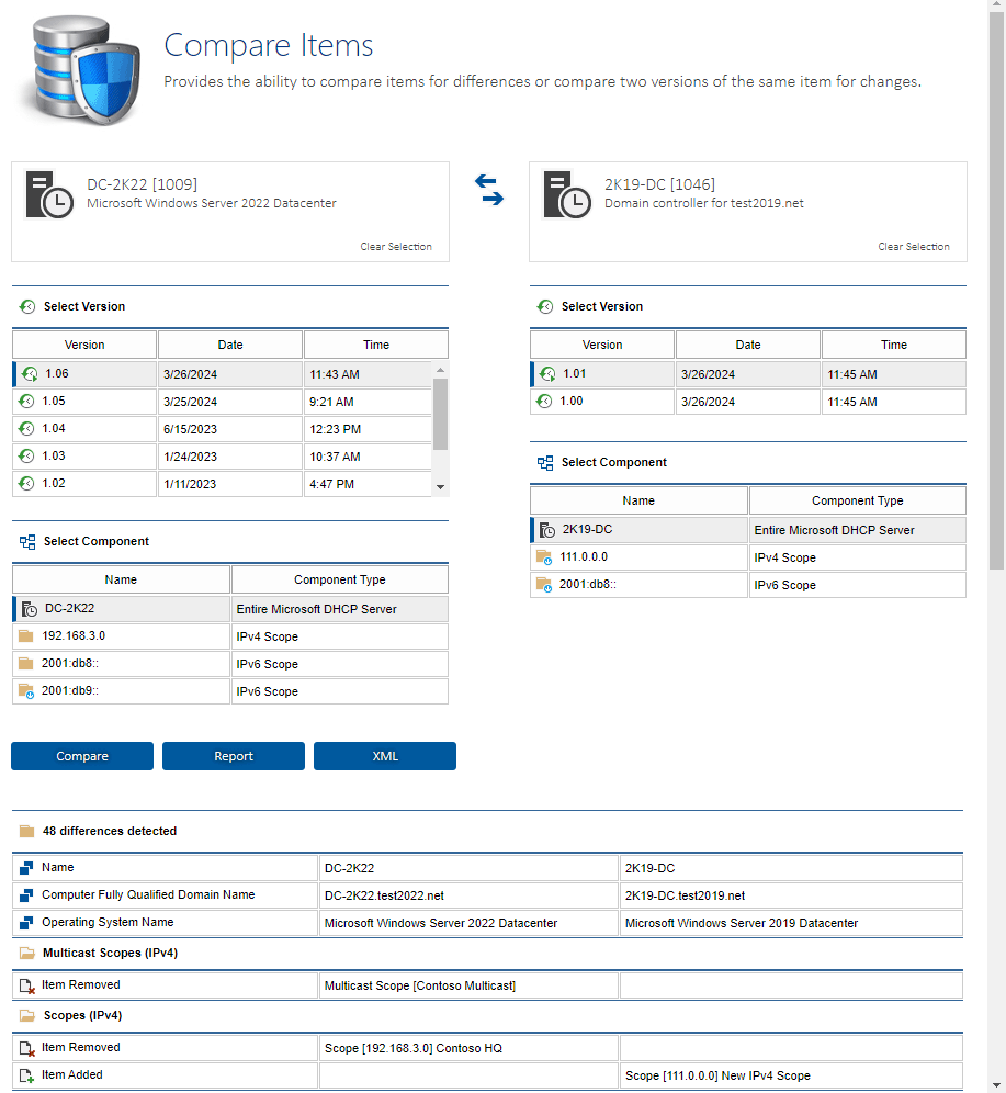 Screenshot showing the differences between two DHCP servers in the XIA Configuration web interface