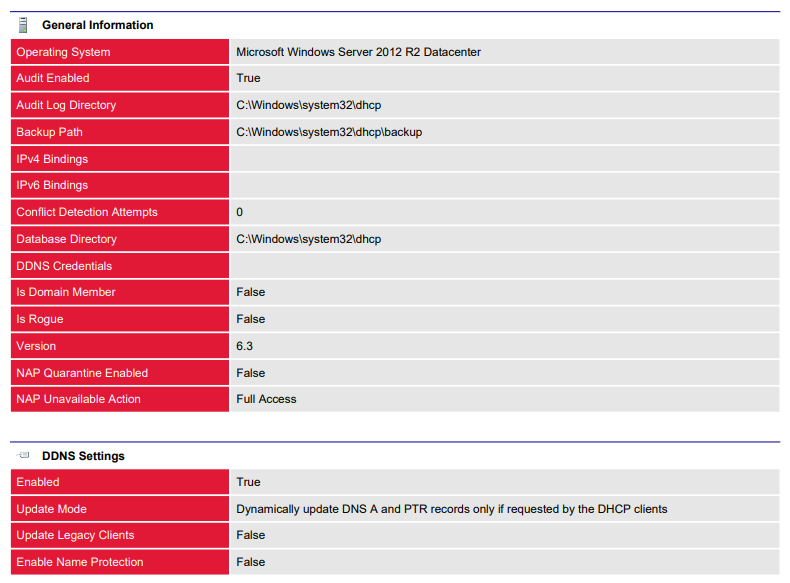 Screenshot showing general DHCP server information in a document generated by XIA Configuration