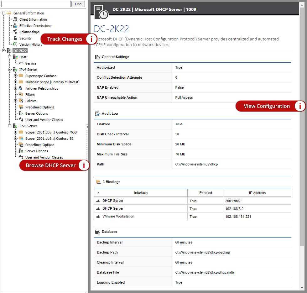 Screenshot showing the navigation tree and DHCP server information in the XIA Configuration web interface