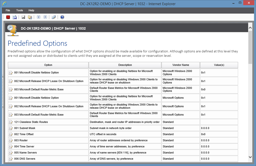 Screenshot showing predefined options in the XIA Configuration web interface