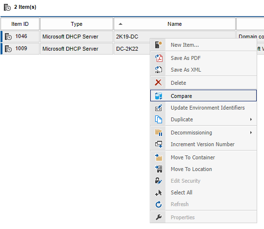 Screenshot showing two DHCP servers selected with the right click menu open and Compare highlighted in the XIA Configuration web interface