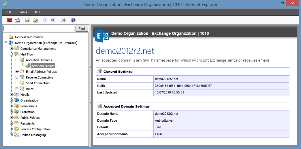 Screenshot of Accepted Domain settings in the XIA Configuration web interface