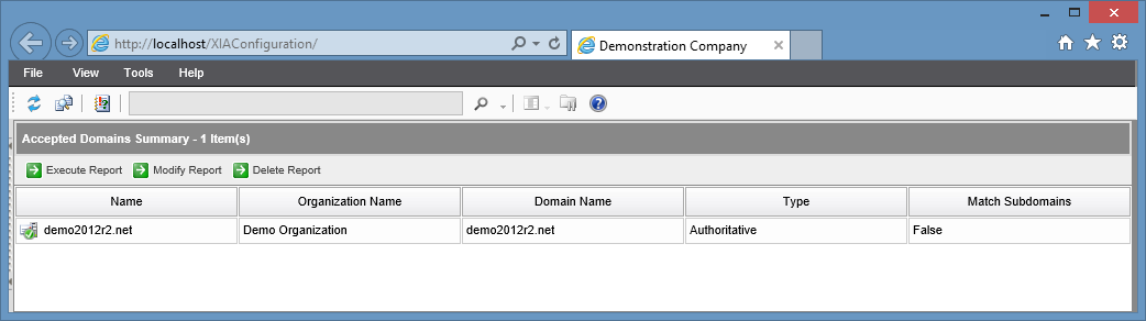 Screenshot of the Accepted Domains Summary report in the XIA Configuration web interface