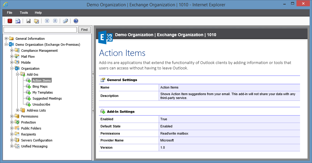 Screenshot of Add-In settings in the XIA Configuration web interface