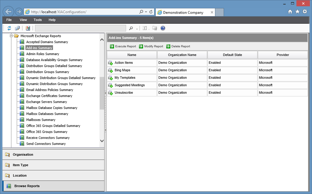 Screenshot of the Add-Ins Summary report in the XIA Configuration web interface