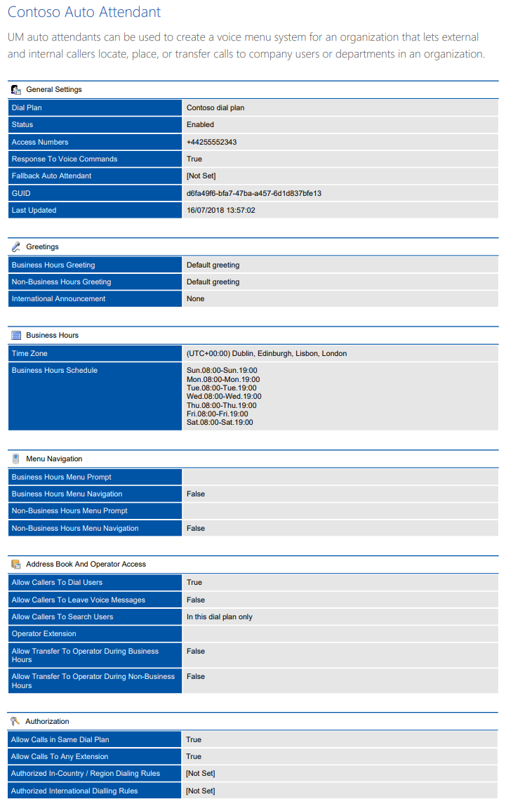 Screenshot of Auto Attendant settings in a document generated by XIA Configuration