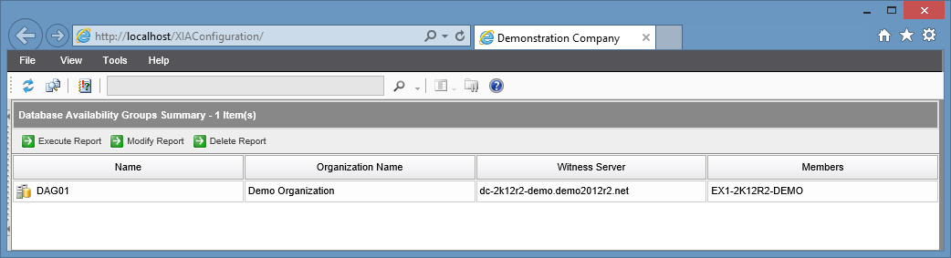 Screenshot of the Database Availability Groups Summary report in the XIA Configuration web interface