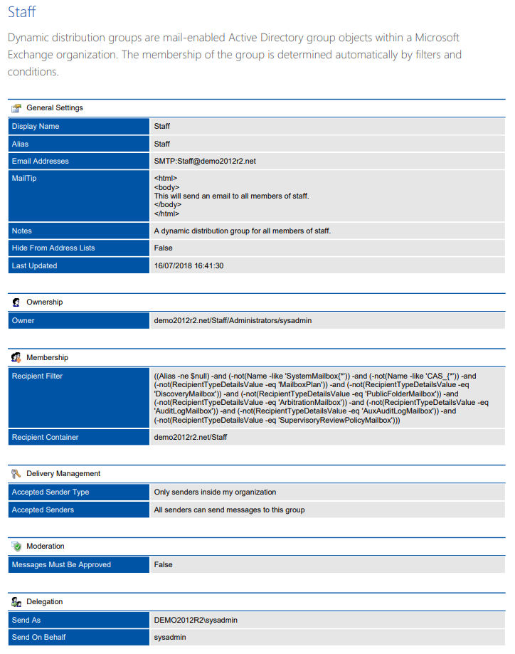 Screenshot of Dynamic Distribution Group settings in a document generated by XIA Configuration