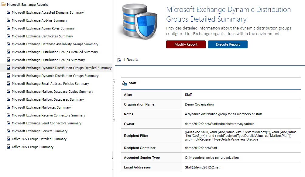 Screenshot of the Dynamic Distribution Groups Detailed Summary report in the XIA Configuration web interface