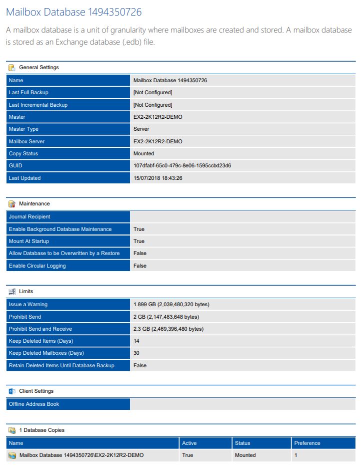 Screenshot of Mailbox Database settings in a document generated by XIA Configuration
